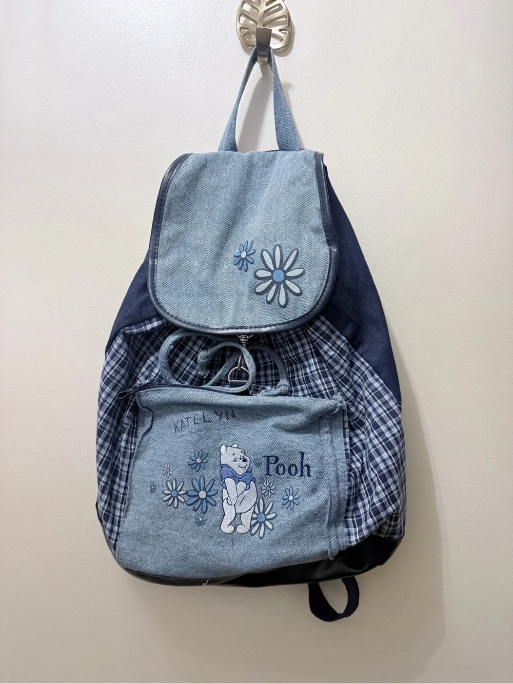 Vintage 90s Denim Jean Plaid Winnie The Pooh Floral Book Bag Character School